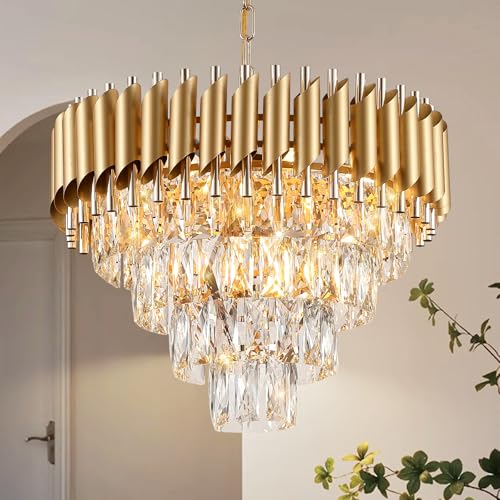 Image of Modern Crystal Chandeliers Gold 20'' Crystal Ceiling Pendant Light 4 Tiers