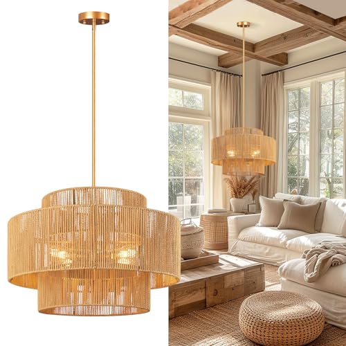 Image of 24'' Boho Rattan Chandelier, 4-Light Hand-Woven Wicker Pendant Lamp, Rustic Modern Ceiling Light Fixture for Dining Room, Kitchen Island, Living Room, Bedroom, Foyer, Entryway, Over Table