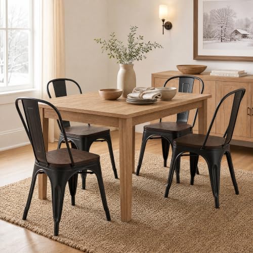 Image of Furmax Metal Dining Chairs with Wood Seat, Indoor-Outdoor Use Stackable Chic Dining Bistro Cafe Side Metal Chairs Set of 4(Black)