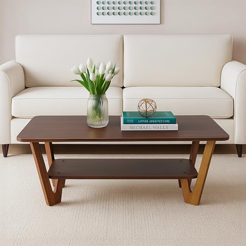 Image of Wooden Coffee Table with Solid Wood Legs, Engineered Wood Center Table for Living Room, Columbian Walnut Finish