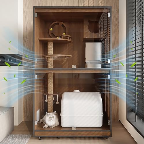 Luxury Indoor Cat Villa - Multi-Level Wooden Enclosure with Cat Tree, Tempered Glass & Iron Mesh Door, Heavy Duty Design, Pull-Out Bottom Plate, Elegant Cat Furniture