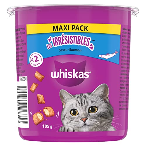 WHISKAS LES IRRESISTIBLES Friandises pour Chat Saveur Saumon - 10 Boîtes de 105g Refermables pour une Meilleure Conservation, Sans Arômes Artificiels, Idéal pour Partager un Moment de Complicité