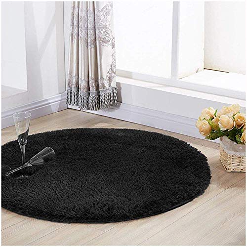 YJ.GWL Ultra Soft Round Black Area Rugs for Bedroom Anti-Slip Fluffy Nursery Carpets Mat Cute Kids Room Rugs Home Decor 4 Feet