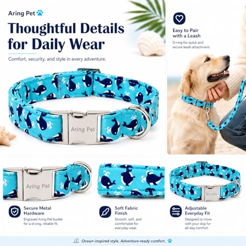 Image of ARING PET Summer Dog Collar for Small Medium Large Boy Dogs-Blue Whale S | Cute Male Heavy Duty Pet Collars with Metal Buckle for XS S M L XL Dogs, for Beach Trips Lake Camping Seaside Walk Photoshoot