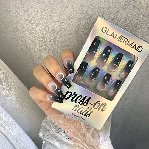 Press on Nails Medium Coffin GLAMERMAID, Pink Black Starry Fake Nails with Design Stick Glue on Nails for Women Reusable Matte False Nail Sets, 48Pcs Adhesive Tabs Nail File, Cuticle Stick