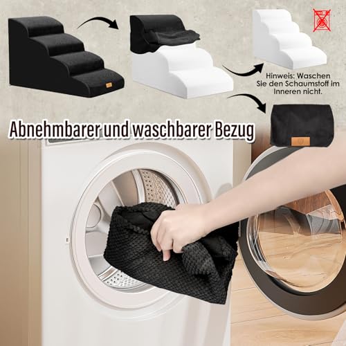 Thihome Hundetreppe für Kleine Hunde, 4 Stufen Haustiertreppe mit Abnehmbarem, Hochdichtem Schwamm Hunderampe mit Waschbarem, Hunde Treppe für Bett und Sofa (Schwarz)