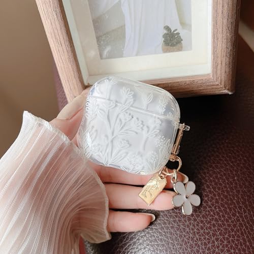 Image of MINSCOSE for AirPods 4 Clear Case,Cute Flower Floral Aesthetic Design with Floral Keychain, Soft TPU Protective Shockproof Case for Women Girl for Airpods 4-White