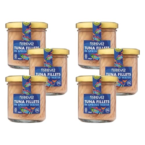 Fish 4 Ever | Skipjack Tuna Fillets In Water - Sustainably Fished. Canned Glass Jar Food Rich In Omega-3. Great Used In Salads, Making Sandwich Spread Or Hot And Cold Snacks |150g (Pack of 6)