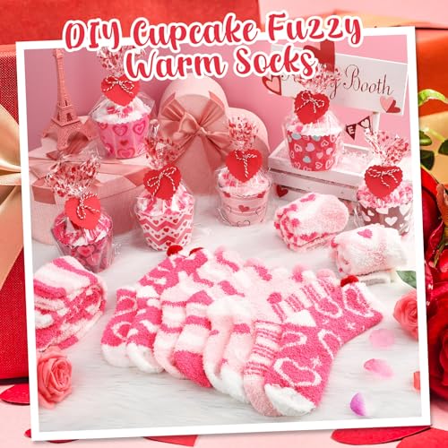 Image of 6 Pairs Valentine's Day Cupcake Socks Fuzzy Sock with Cupcake Card DIY Gift Slipper Stockings for Winter Women Men