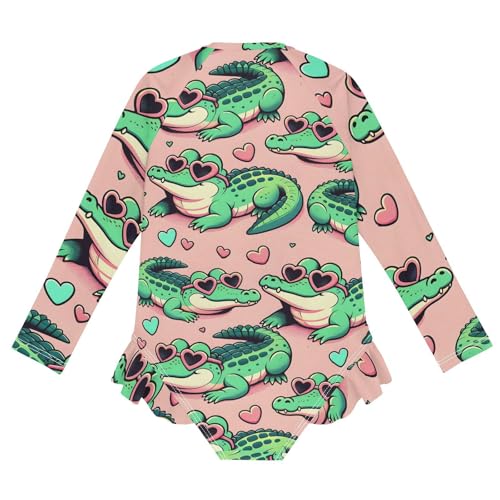 Girls One Piece Swimsuits Long Sleeve Swimsuit Zipper Bathing Suits Alligator Crocodiles Pink2