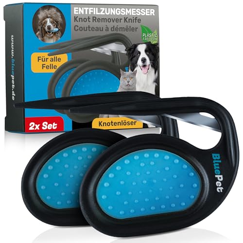 BluePet 2x Entfilzungskamm für Hunde & Entfilzungsmesser Katzen I Feste Knoten & verfilztes Fell entfernen I Entfilzer Pflegemesser für langhaarige Tiere I Knotenkamm Knotenentferner & Filzkamm