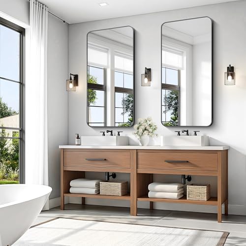 Image of KOCUUY Black Bathroom Vanity Mirror, 24 x 48 inch Metal Frame Mirror with Rounded Corner, Rectangle Design of Upgraded Shatterproof Glass for Bathroom, Bedroom, Living Room, Entryway