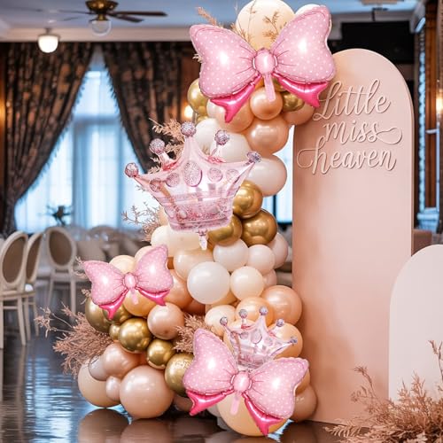 Image of 10pcs Rose Gold Crown Balloons And Light Pink Bow Balloon, Light Pink Bows Balloons, Large Rose Gold Crown Foil Balloon With Two Sizes For Birthday Baby Shower Theme Party Wedding Decor
