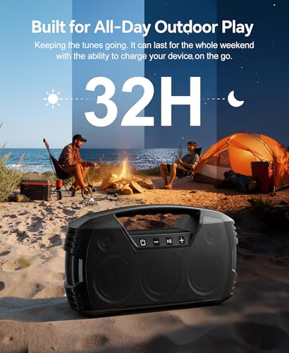 IPX7 Waterproof Outdoor Bluetooth Speaker, Wireless, 60W Power, 32H Playtime, Floating Design, Deep Bass & Loud Stereo Sound, Portable with Handle, Rugged for Pool, Beach, Kayaking, Hiking, Black - Image 5