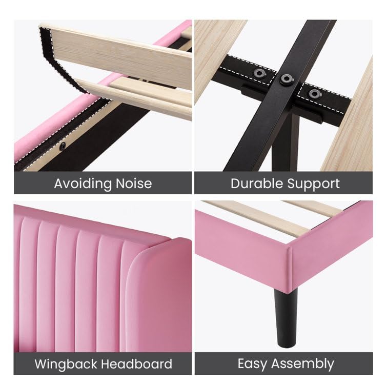 Image of HITHOS Solid Wood Modern Upholstered Queen Size Bed | Wooden Double Bed Cot Palang Furture Without Storage | Wingback Headboard (Pink)