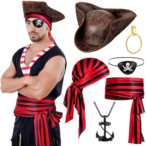 Capoda 6 Pcs Pirate Costume Accessories Set for Women Men Adult Pirate Outfit Cosplay (Black and Red)