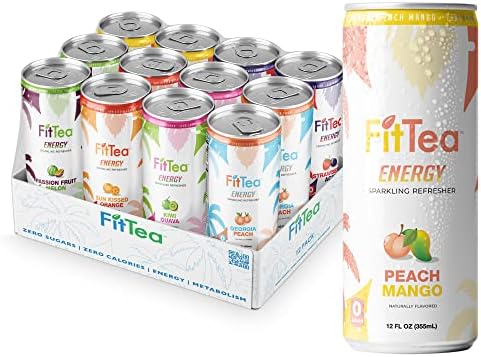 FitTea Healthy Energy Drink Variety Pack 12 Fl Oz - Sparkling Refresher (12 Pack) Natural Energy Drinks Sugar Free - Flavors include Peach Mango x2, Sun-Kissed Orange x2, Strawberry Acai x2, Kiwi Guava x2, Passionfruit Melon x2, Georgia Peach x2