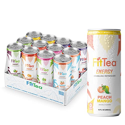 Fit Tea Healthy Energy Drink Variety Pack 12 Fl Oz - Sparkling Refresher (12 Pack) Natural Energy Drinks Sugar Free - Flavors include Peach Mango x2, Sun-Kissed Orange x2, Strawberry Acai x2, Kiwi Guava x2, Passionfruit Melon x2, Georgia Peach x2