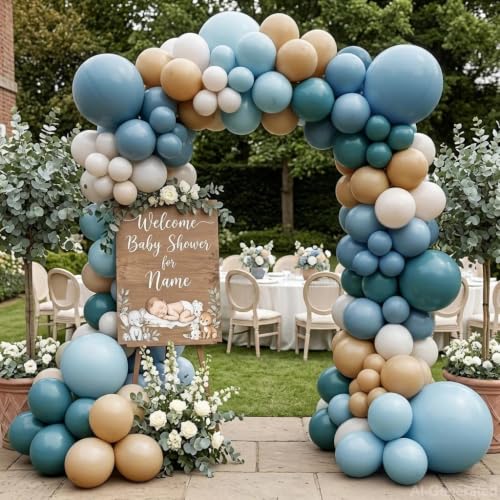 Image of Dusty Blue Tan Balloon Garland Double Stuffed Pastel Blue Brown Balloons | Nude White Sand Latex Balloons Arch Kit for Neutral Birthday Baby Shower Gender Reveal Bridal Wedding Bear Party Decorations