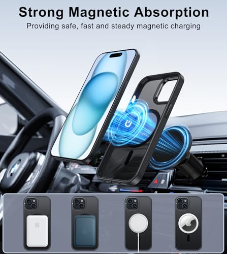 Image of FNTCASE for iPhone 15 Phone Case: Strong Magnetic Slim Matte Protective Case with Kickstand | Shockproof Drop Full Protection Anti-Fingerprint Thin Translucent Frosted Cover(Black)