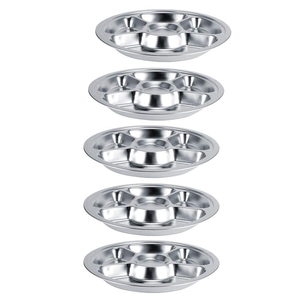 Assiette à dîner, 5 pièces épaissir en acier inoxydable 304 assiette de service ronde divisée réutilisable plateau à dîner vaisselle pour cuisine de cantine