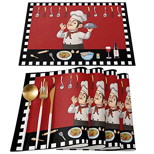 Placemats Set Of 6 Non-Slip Dining Table Mats Cartoon Chef Cooking Gourmet Kitchenware On Red Washable Placemat Black And White Lattice Heat Proof Dinner Mats For Kitchen Party Home Decor #TOP1