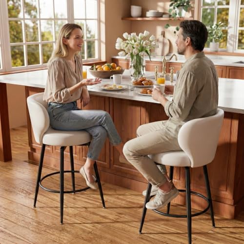 Image of 26 inch Cream White Bar Stools Set of 2, Swivel Kitchen Island Chairs