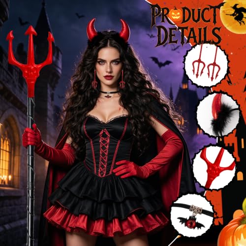 Teufel Kostüm Damen 7-teilig – Sexy Karneval & Halloween Kostüm mit Teufels-Haarreif, Tattoos & Accessoires – Faschingskostüm & Vampir Stil Cosplay für Frauen & Mädchen – Bild 3
