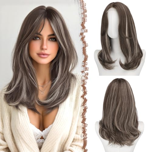 FESHFEN Lace Front Hairline Wigs with Bangs, Synthetic Natural Looking Long Layered Straight Hair Wig for Women Daily Party Costume, 18 inch Brown Mixed Grey Highlight