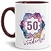 Produktbild Geburtstags-Tasse 50 and Wonderful Geburtstags-Geschenk zum 50. Geburtstag als Geschenkidee für die Frau/Abstrakt/Bunt/Kaffeetasse/Innen & Henkel Weinrot