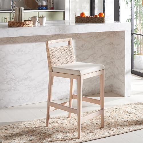 Taburete para mostrador SAFAVIEH Home Collection Darin de 24 pulgadas, acabado natural blanqueado/blanco, cojín blanco (totalmente ensamblado) miniatura 4