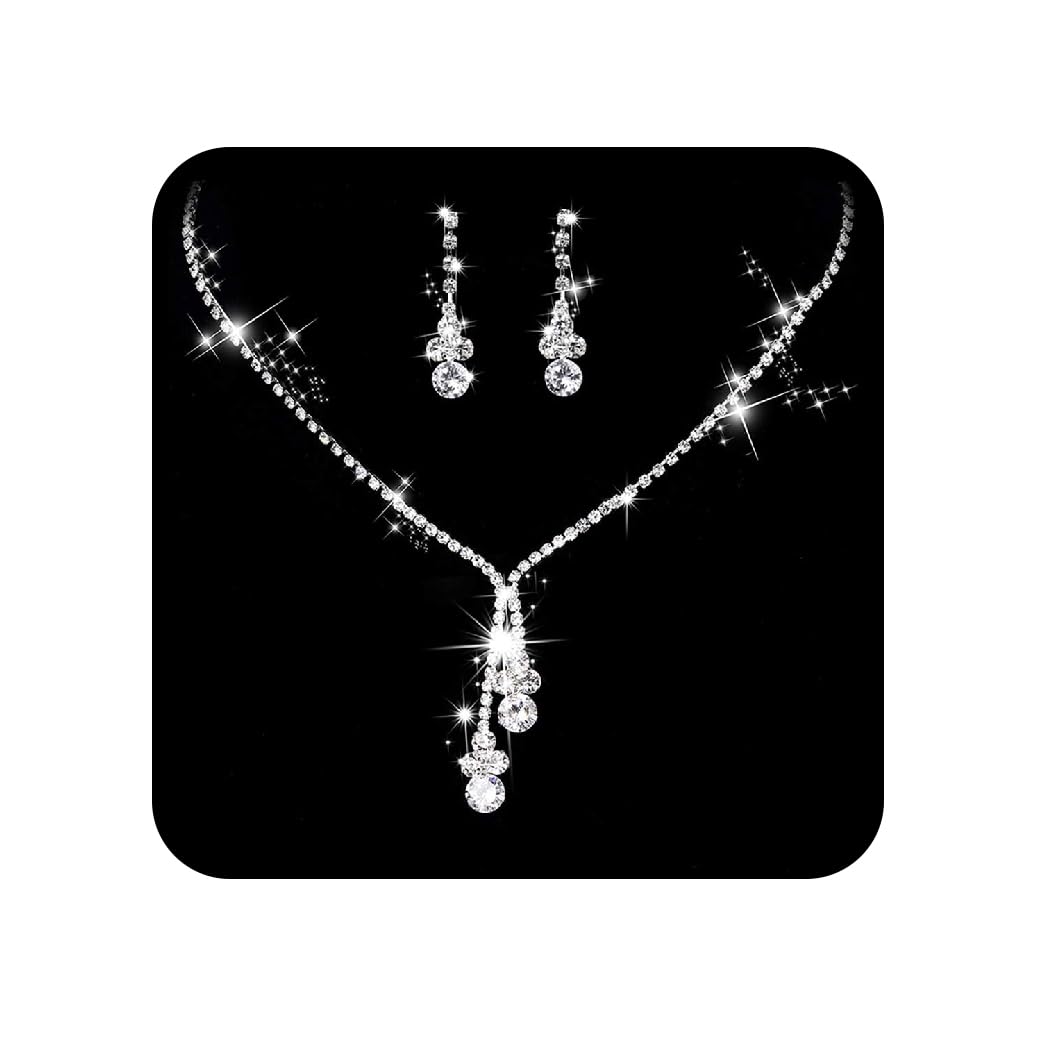 Unicra Juego de collar y aretes de novia de plata con cristales para boda, gargantilla con diamantes de imitación para mujeres y niñas