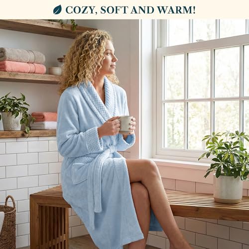 Image of PAVILIA Women's Plush Fleece Robe, Soft Cozy Long Bathrobe with Satin Waffle Trim, Warm Lightweight, Pockets & Tie Belt