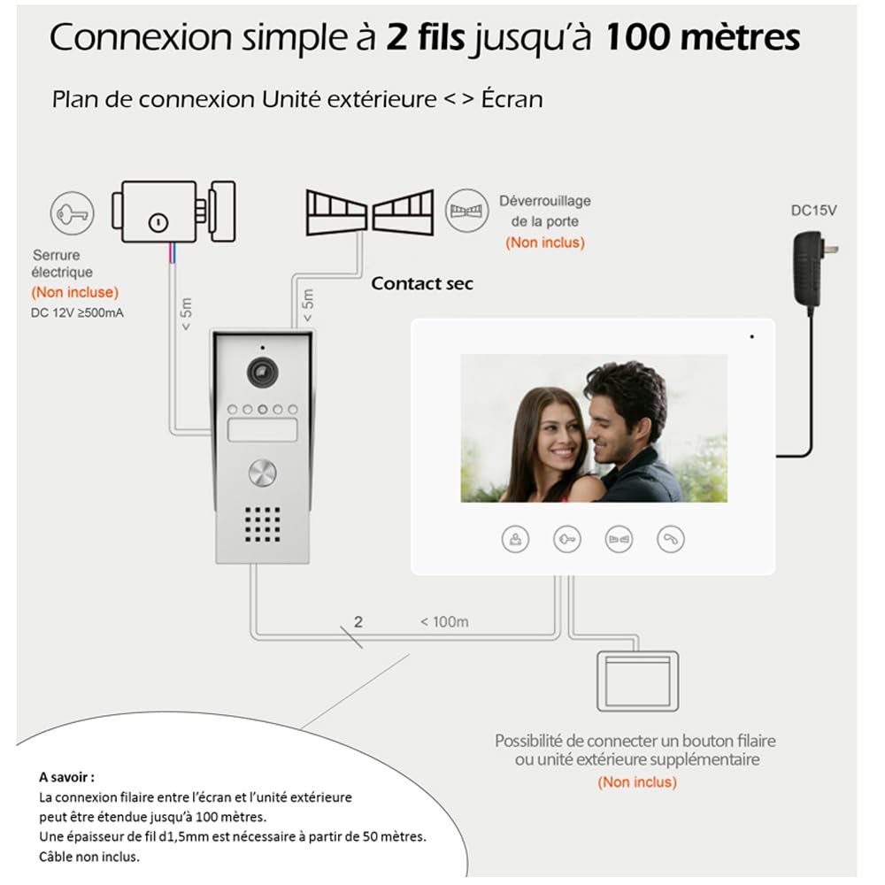 KYF - Portier Vidéo filaire connecté Wifi avec Ecran tactile 7'' - 2 fils - Contrôle vocal Alexa/google Home