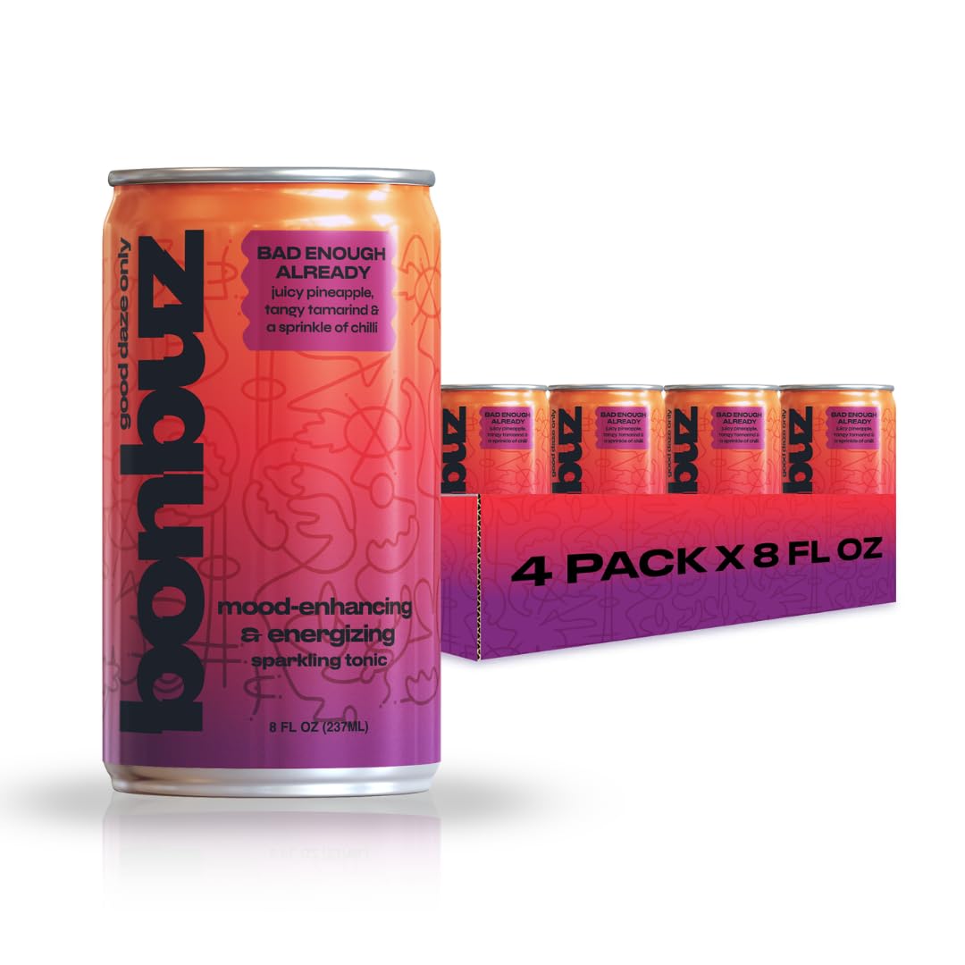 BonbuzBad Enough Already 4pack Non Alcoholic Drinks - Pineapple Tamarind Chili - Low Sugar Alcohol Alternative Beverages with Buzz - Natural Buzz without Alcohol - Tonic - Energizing Mood Drinks, Adaptogen Replacements 32 fl oz
