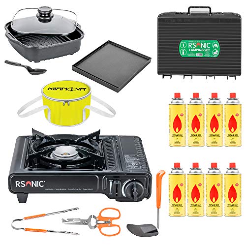 Megaset RS-2800 Campingkocher Gaskocher Shisha BBQ Anzünder Grill Grillanzünder Kühltasche Gaskartuschen Gas Kocher Herd Set + 8 Gasflaschen