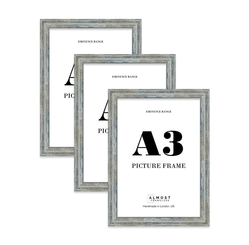 A3 Distressed Blue Picture Frame - Rustic Wood Industrial Effect Photo Frame for Wall Display, Ideal for Posters, Prints & Home Décor, Wall Hooks, 32mm Edge - 3 Pack