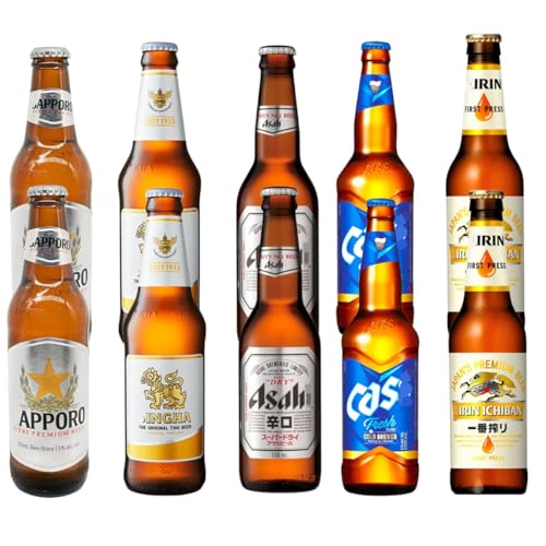 Pack de cerveza asiática - 10 degustaciones de cerveza de 330 ml - Total: 3300 ml (2 Kirin Ichiban, 2 Asahi, 2 Singha, 2 Sapporo, 2 Cass Fresh)
