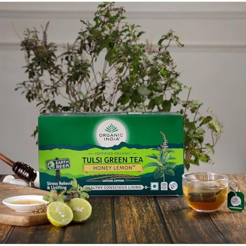 Image of ORGANIC INDIA Tulsi Green Tea Honey Lemon - 25 Tea Bags, Refreshing Blend with Tulsi, Green Tea, Lemon & Honey Flavors, Naturally Sourced Ingredients, Staple-Free Bags Certified Organic (Pack of 2)