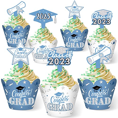 96 Pieces 2023 Graduation Cupcake Toppers Wrappers Congrats Grad Cake Decorations Adjustable Grad Cap Diploma Cake Wrappers Toppers Class Of 2023 Grad Graduation Party Supplies (Light Blue) #TOP6