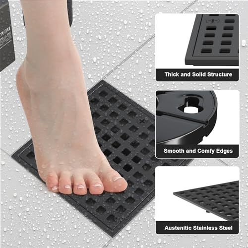 Image of Shower Floor Drain, 4 Inch Square Shower Floor Drain Kit with ABS Flange