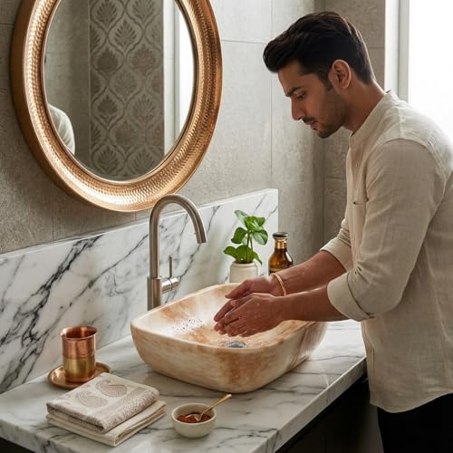 Image of Ceramic Tabletop Wash Basin - Glossy Rectangular Countertop Vessel Sink with Marble Finish for Bathroom & Vanity | Compact 18 x 13 x 5 Inch | Elegant Washbasin