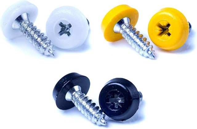 BEK-FIX Number Plate Oversized Screws Plastic Top 2x White 2x Black 2x Yellow