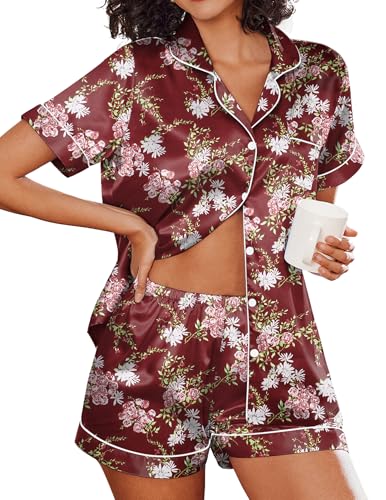 Image of Ekouaer Silk Pajamas Set for Women 2 Piece Short Sleeve Pjs Button Up Satin Top and Shorts Sleepwear Set,Floral Wine,Small