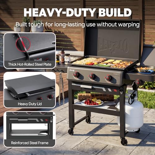 Image of Feasto 28-Inch 3 Burner Propane Flat Top Grill with Hood and Side Burner