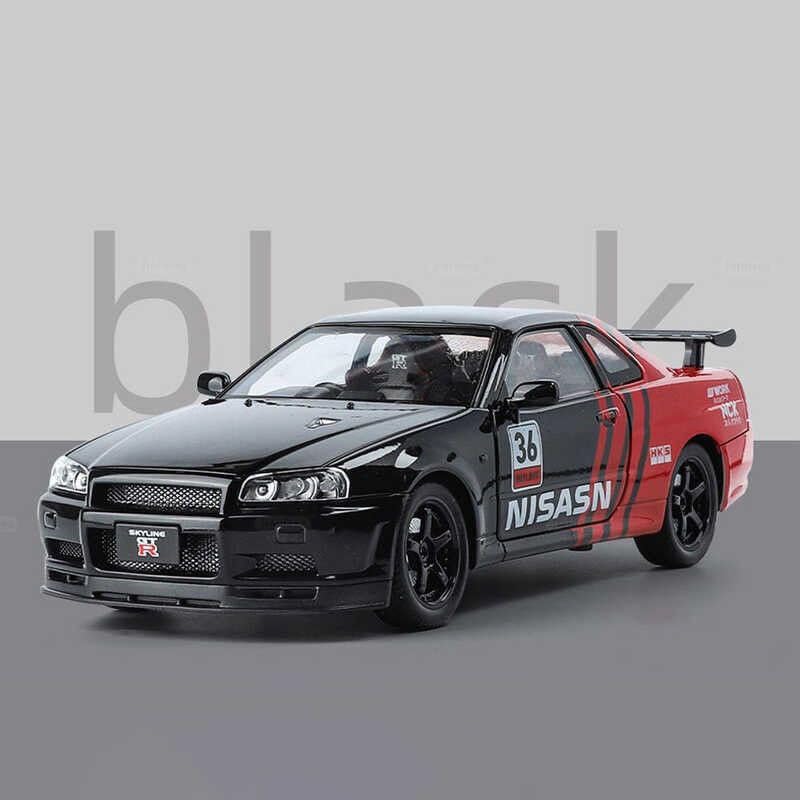 Image of 1:32 Scale Nissaan Skyline R-34 Model Alloy Metal Pull Back Toy car for Kids with Openable Doors & Light, Music Toy Vehicle for Kids (1:32 Nissaan Skyline R-34 (Black))