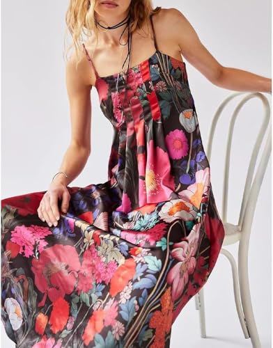 Image of Women Floral Maxi Dress Spaghetti Straps V Neck Lace Patchwork Flowy Tiered Boho Beach Sundress Long Dresses