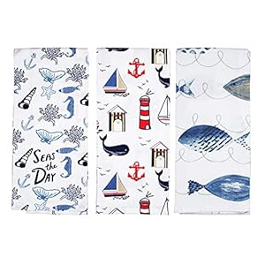 fillURbasket Coastal Kitchen Towels Set Nautical Dish Towels Fish Kitchen Towels Seashell Towels for Kitchen Decorative Hand Dish Drying 15″x25″ 100% Cotton