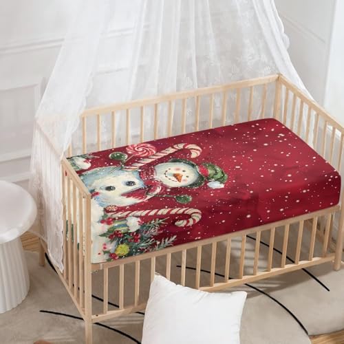 Image of Christmas Crib Sheets for Boys,Snowman Baby Bed Sheet Set 28 inchX52 inch Standard Crib Mattress Red Christmas Soft Nursery Bed Sheet for Standard Crib and Toddler Mattress