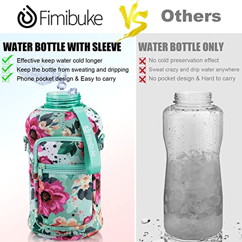 Fimibuke Half Gallon Water Bottle With Sleeve 64 Oz Water Bottle With Handle & Straw Leakproof Motivational Sports Gym Water Bottle With Time Marker Water Jug With Neoprene Holder - Floral Bloom #TOP2
